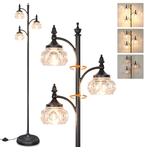 Black Floor Lamp with 3 Rotatable Glass Shades, Dimmable Tall Standing Lamp for Living Room & Bedroom