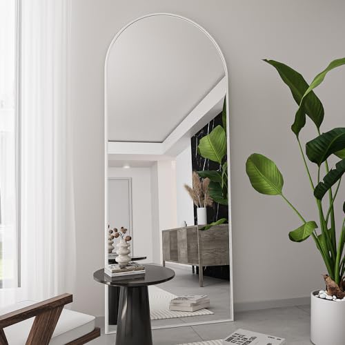 Full Length Floor Mirror with Stand - 65x22 Arched White Mirror, Freestanding & Wall Mountable