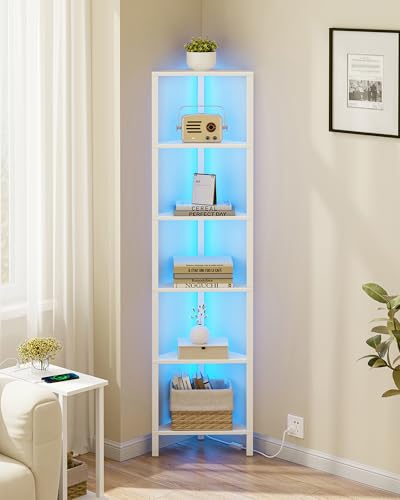 TUTOTAK White 6-Tier Corner Bookshelf with LED Light - Space-Saving Storage