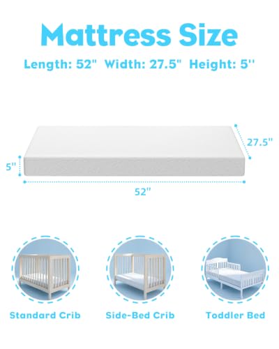 Moonlightfamily 5x52x27.5 Inch White Waterproof Crib & Toddler Mattress - CertiPUR-US Support Foam, Removable Washable Cover