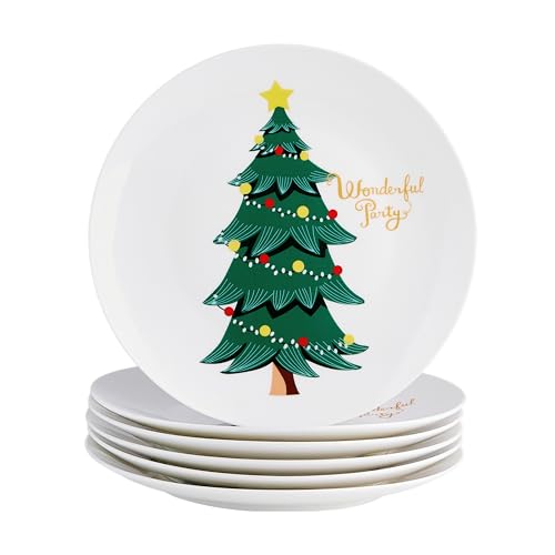 Swuut Christmas Dinner Plate Set of 6 - 10 Inch Bone China Holiday Main Course Plates - Microwave & Dishwasher Safe - Gift for Family & Men Women - Dinner Plate Variation