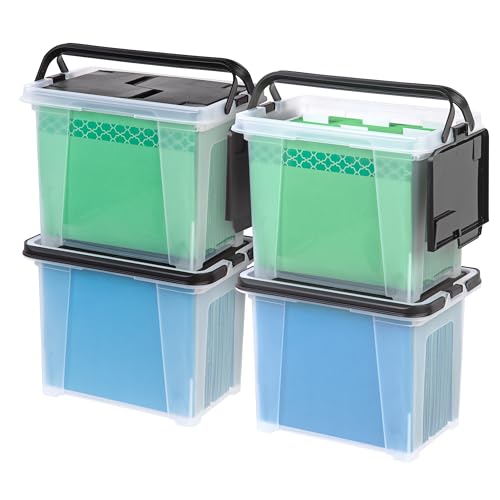 IRIS USA 4-Pack File Box Organizer with Wing Lid, Letter & Legal Size, 18 Qt Clear