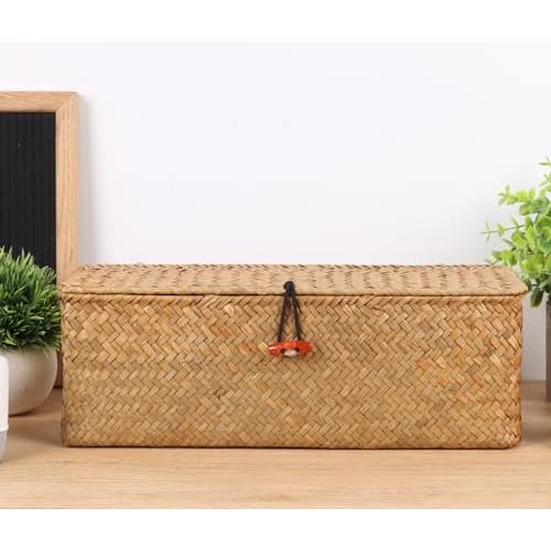 Wicker Shelf Baskets with Lid,Rectangular Seagrass Woven Storage Baskets with Dividers for Bathroom Organizer Small Bins Home Decor (Natural)