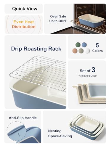 LE TAUCI Ceramic Casserole Set with Racks - Dusty Blue, 3 Sizes, Oven Safe