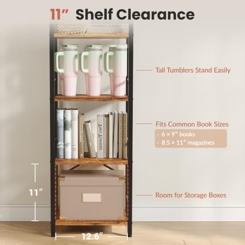 Tall 6-Tier Bookcase with Side Rails - Rustic Brown & Black, Space-Saving Shelving