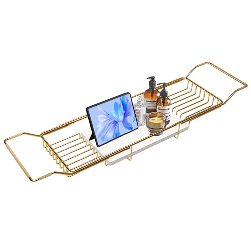 Gold Bathtub Tray with Marble Base - Adjustable Rustproof Bath Caddy for Spa & Relaxation