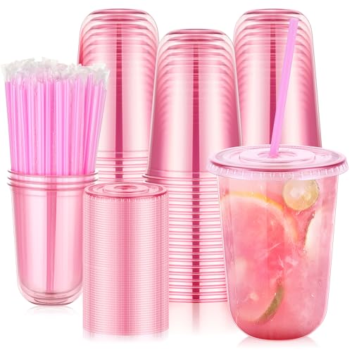 Pink Plastic Disposable Cups with Lids & Straws - 16oz, 100 Sets