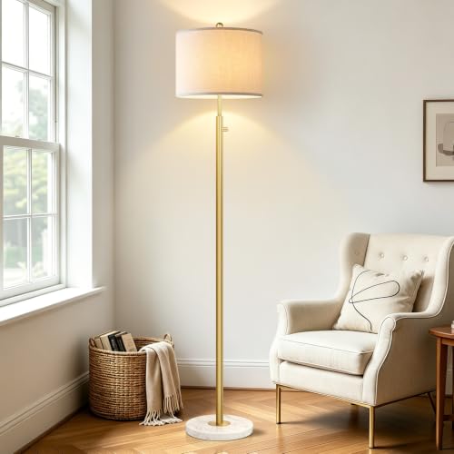 Dimmable Gold Floor Lamp with Turkish Marble Base & White Linen Shade - Variation: Gold-Marble-Line Shade