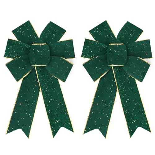 2 Pieces Christmas Green Velvet Bows for Wreath, Xmas Wreath Bows Winter Holiday Craft Tree Topper Bows for Front Door Christmas Party Decorations