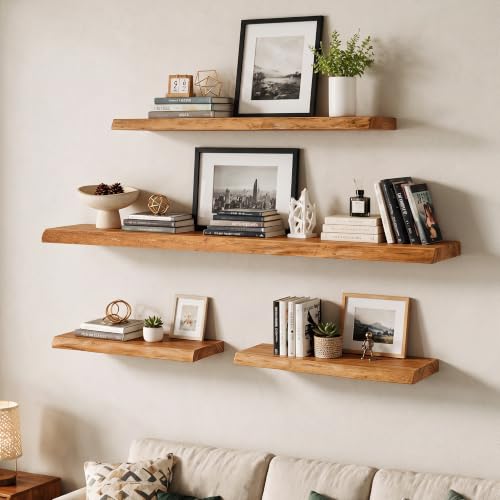 Live Edge Elm Floating Shelves - Rustic Wall Mounted Storage Set of 2