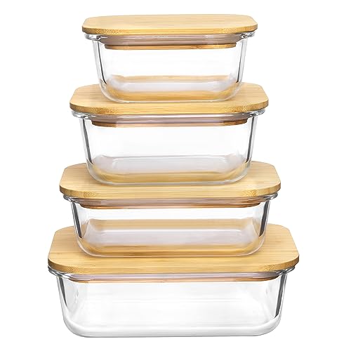 Glass Food Storage Containers Set of 4 with Bamboo Lids - Multi-Size Meal Prep