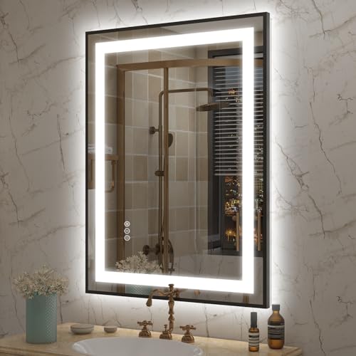 OKPAL Matte Black 24x32 LED Bathroom Mirror with Front & Backlit Dimmable Anti-Fog