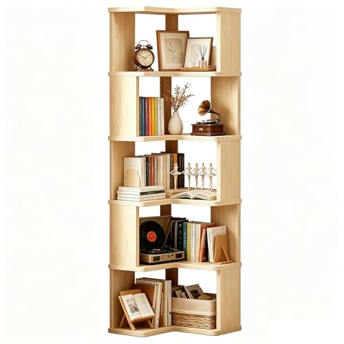 Brown 6-Tier L-Shaped Corner Bookshelf with Bookends - Modern Storage