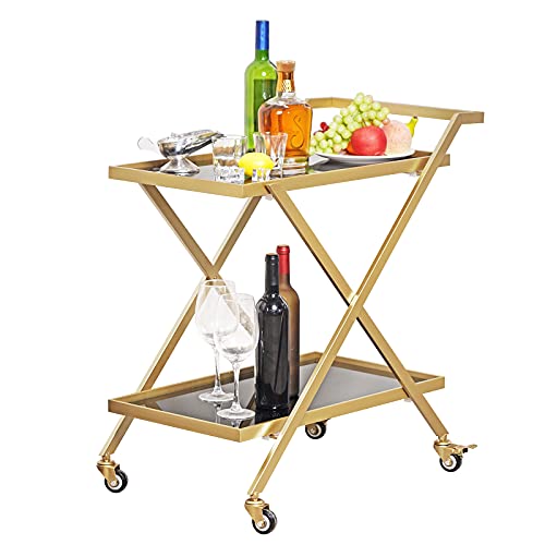 Gold Finish Bar Cart on Wheels with Locking Casters - 2-Tier Serving Cart for Home & Bar