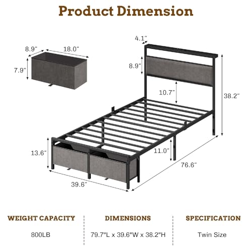 Twin Size Storage Bed Frame with 2 Fabric Drawers and Charging Station
