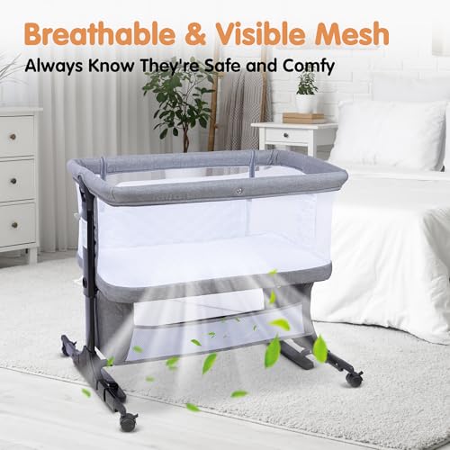 4-in-1 Bedside Bassinet Sleeper with Mesh, 6-Height Adjustable, Washable Mattress - Grey