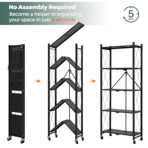 Black 5-Tier Folding Rolling Bookcase with Wheels - Heavy Duty Metal Shelving