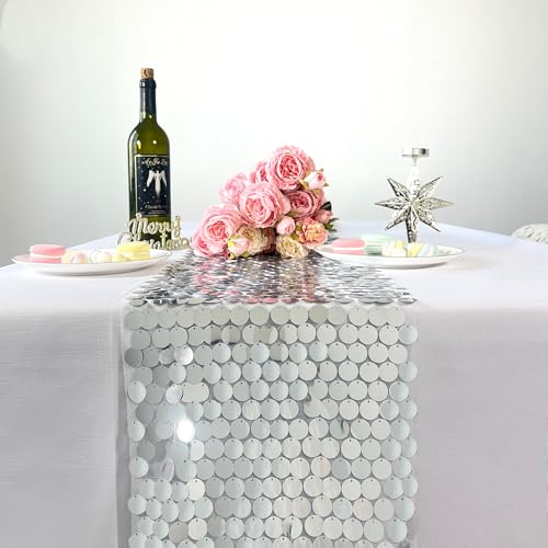 Silver Sequin Table Runner 12x108 Inch for Weddings & Events