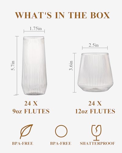 48-Pack Clear Disposable Plastic Cups & Champagne Flutes with Ripple Design