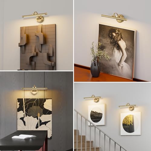 Brass Wall Picture Light 15.7 Inch - Wireless Dimmable Art Spotlight with Remote