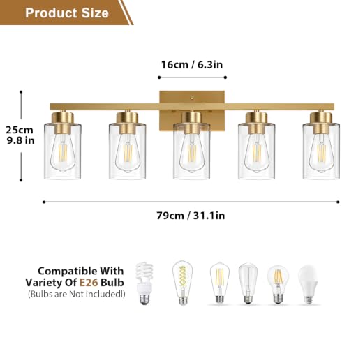 Bathroom Light Fixtures 5-Light Brushed Gold Vanity Lights with Clear Glass Shades - Over Mirror Wall Sconce
