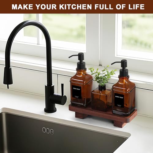 Amber Glass Soap Dispenser Set with Wooden Tray - Modern Kitchen & Bathroom Decor - Variation: Amber