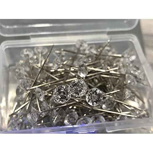100Pcs Transparent White Sewing Pins, 38mm/1.5Inch Acrylic Diamond Head Pins Crystal Head Corsage Pins for Dressmaking Jewelry Components Flower Decoration