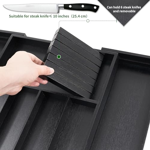 VaeFae Bamboo Silverware Drawer Organizer - 7 Slots, Black, Adjustable & Removable Knife Block
