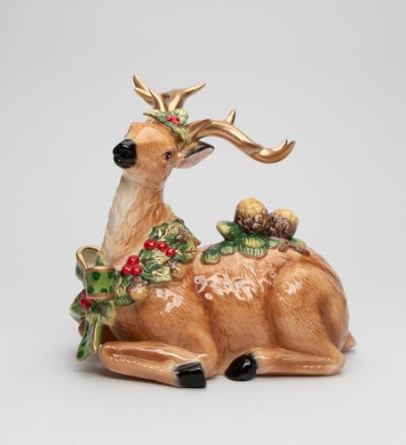 Cosmos Gifts Ceramic Reindeer with Pine Cone Christmas Figurine - 9.5" Holiday Decor
