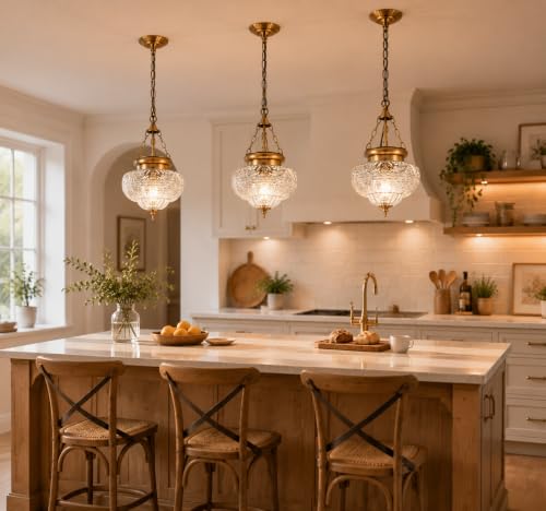 Vintage Brass Pendant Light for Kitchen Island - Textured Glass, 9.5in, Gold & Patterned Glass