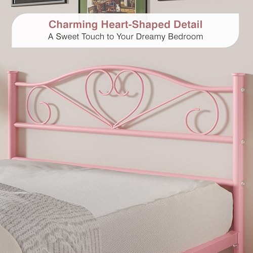 Pink Twin Size Metal Platform Bed Frame with Headboard & Footboard, Heavy Duty Support