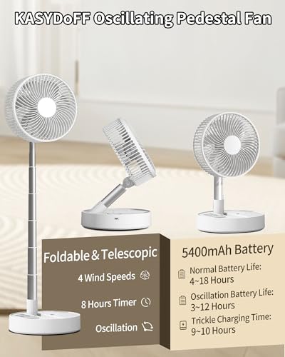 Large Portable Oscillating Floor Fan with 4 Speeds & 8H Timer - Rechargeable, Foldable, 31"