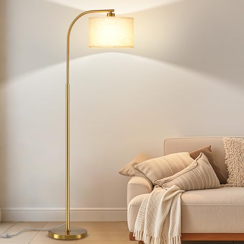 Gold Floor Lamp for Living Room & Bedroom - 65'' Modern Standing Lamp with Fabric Shade & 3-Color LED Bulb - Gold Linen Variation
