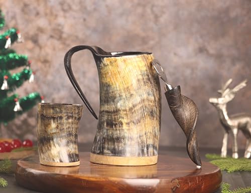 OLDEMPEROR Plain Viking Drinking Horn Mug Set with Shot Glass & Bottle Opener, 16-20oz, Medieval Style Gift