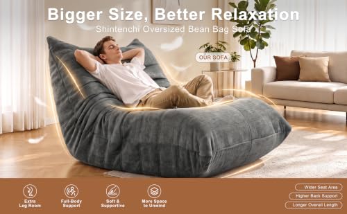 Grey Faux Fur Bean Bag Sofa Chair with Memory Foam - Floor Lounger for Living Room & Bedroom