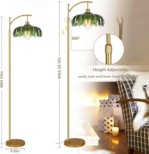 ILLMTW Gold Floor Lamp - 2 Variation Mid Century Modern Dimmable Arc Lamp with Remote & Green Glass Shade