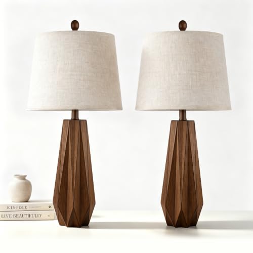 Brown 28-Inch Set of 2 Modern Wooden Base Table Lamps for Living Room & Bedroom - Geometric Design