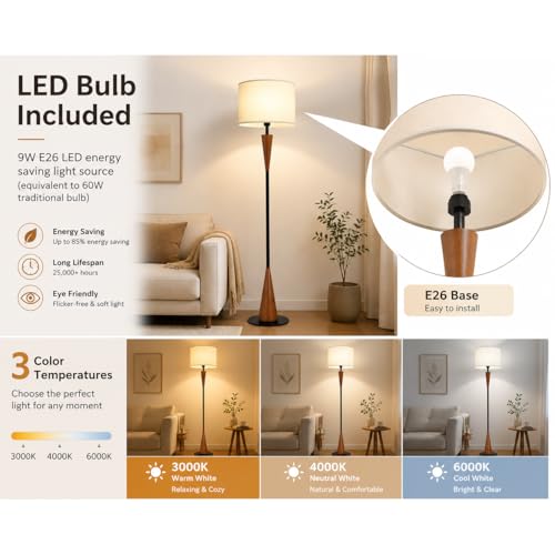 Wood Floor Lamp for Living Room - 61.5 Inch Retro Farmhouse Standing Lamp with 3-Color Temperature - Brown - Includes 9W Bulb & Foot Switch