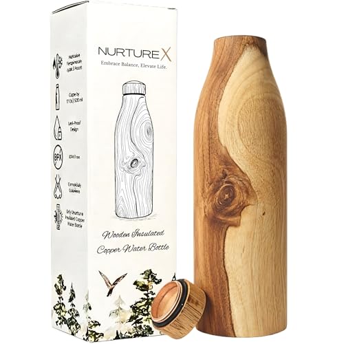 Teakwood Insulated Copper Water Bottle - 17 Oz / 500 ml, Natural Wooden Finish