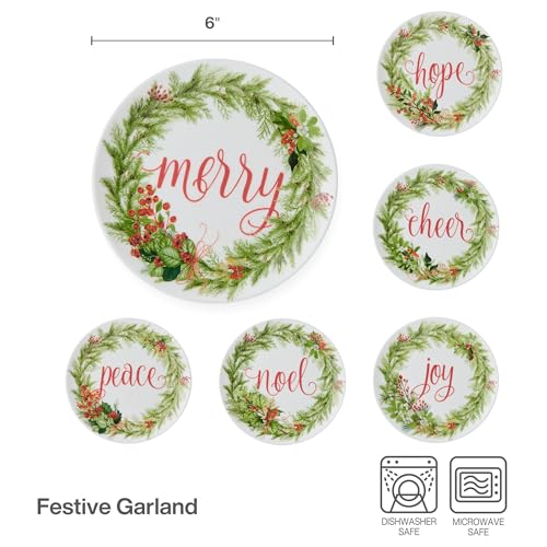 Mikasa Holiday Festive Garland Appetizer Plates Set of 6, 7-inch Bone China Christmas Partyware