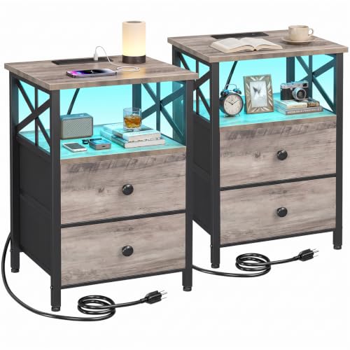 AMHANCIBLE Nightstands Set of 2 with Charging Station & RGB LED Lights - Greige