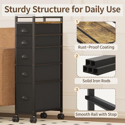 LASZOLA Narrow Slim Bathroom Storage Cabinet with 5 Fabric Drawers - Black, 29.5-33.5"H, Adjustable Feet & Top Shelf