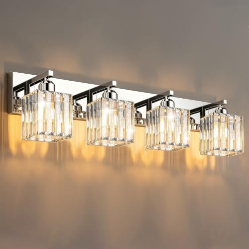 LKHF Chrome-Square Shade 4-Light Crystal Bathroom Vanity Light Fixture