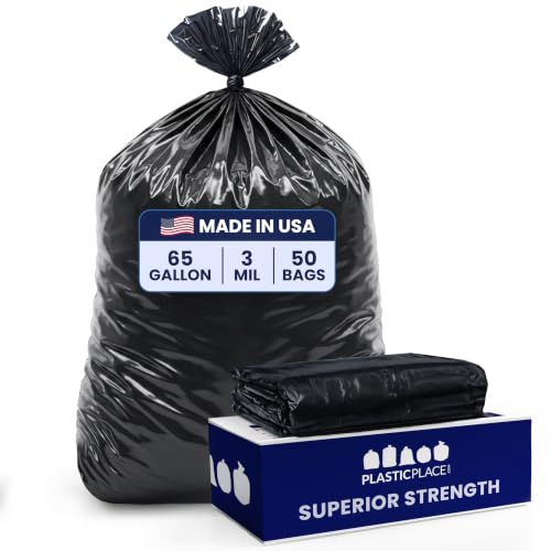 Heavy Duty 65 Gallon Trash Bags - 3 Mil Black Garbage Can Liners, 50 Count