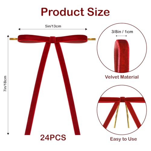 KINGLAKE 24 Pcs Red Velvet Bows 3/8'' for Christmas Tree — 5 x 7'' Velvet Decorations