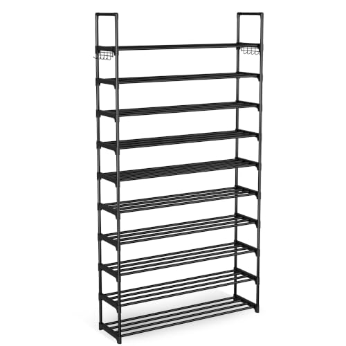 WEXCISE 10-Tier Metal Shoe Rack Organizer for Entryway, Closet, Garage - Large Capacity, Tall Free Standing Shoe Shelf in Black