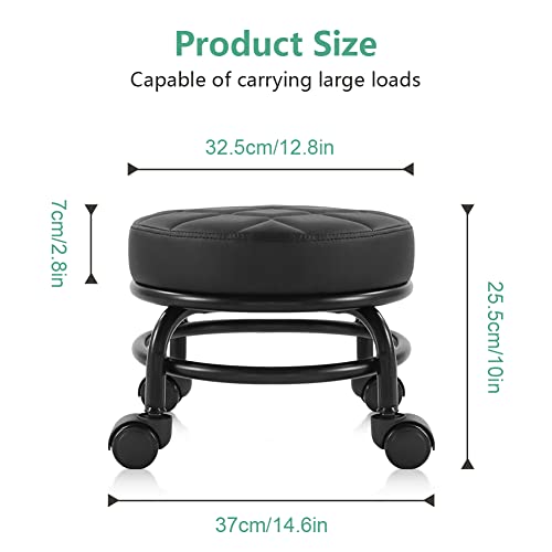 FURWOO Black PU Leather Rolling Stool with Wheels - Low Manicure & Garage Seat