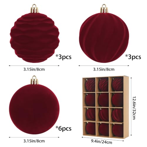 DONGULI Burgundy Velvet Christmas Ornaments 3.15" 12-Piece Set