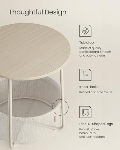 Cream White Small Round Side End Table with Fabric Storage Basket - Modern Nightstand