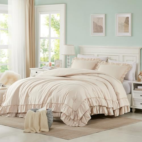 Beige Queen Comforter Set with Ruffle Farmhouse Bedding - 3 Pieces